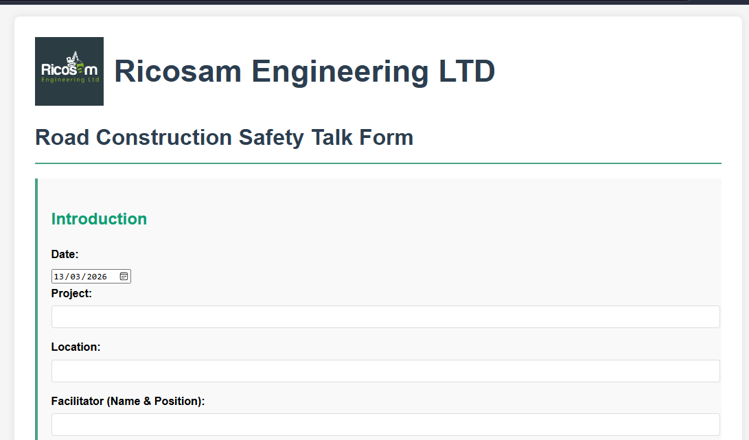 Ricosam Engineering data collection form